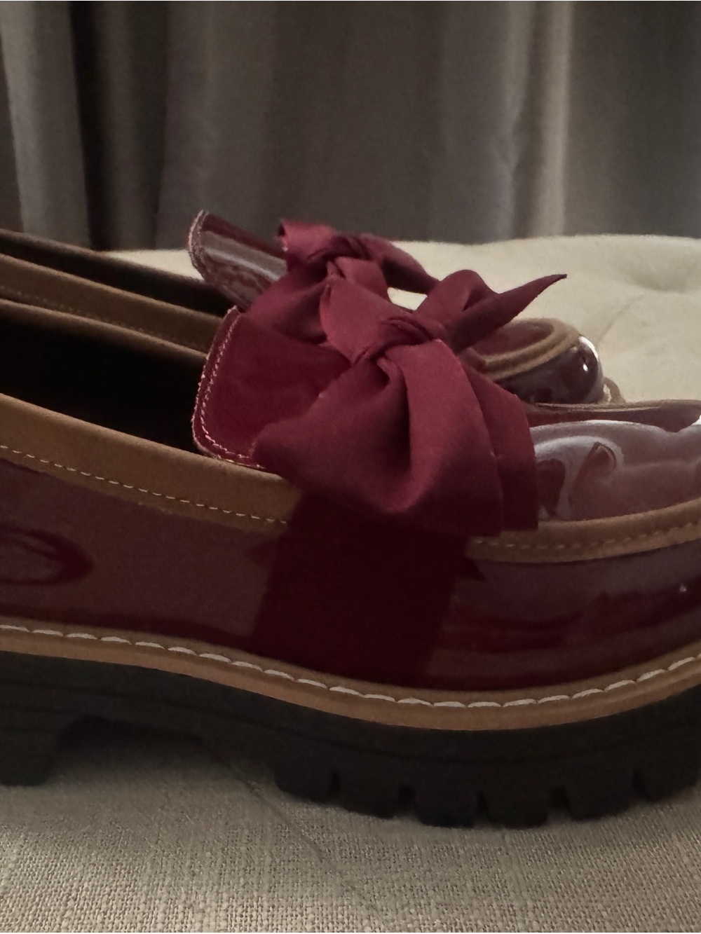 Bow Accent Patent Loafers in Burgundy - Picture 4 of 8